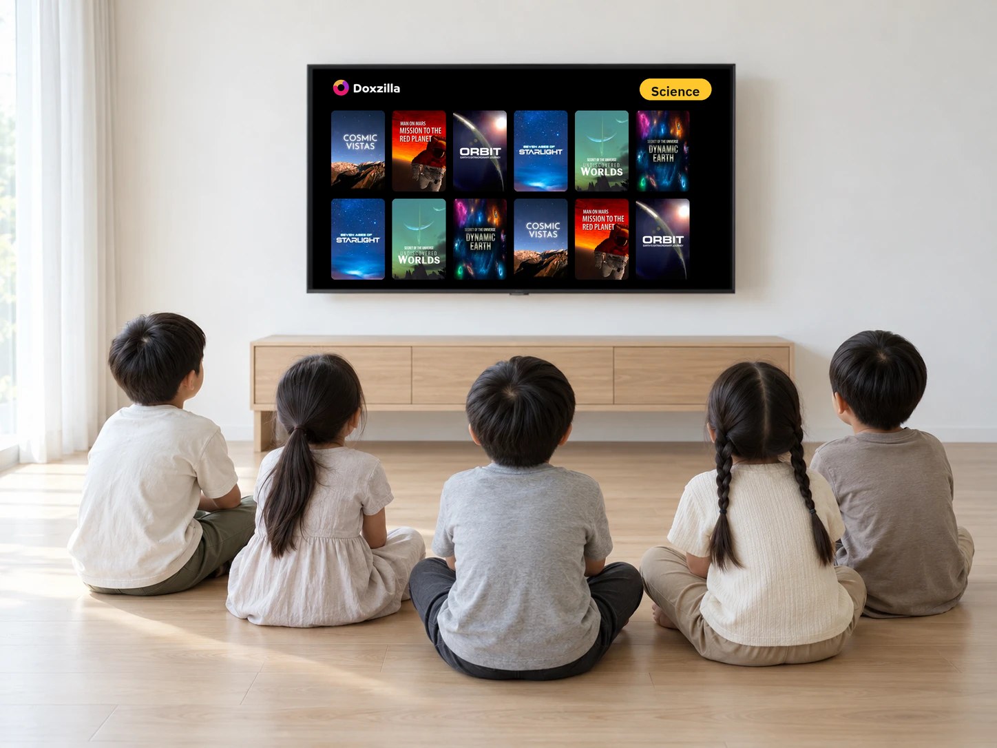 Five children sitting on the floor watching a documentary together on a large TV