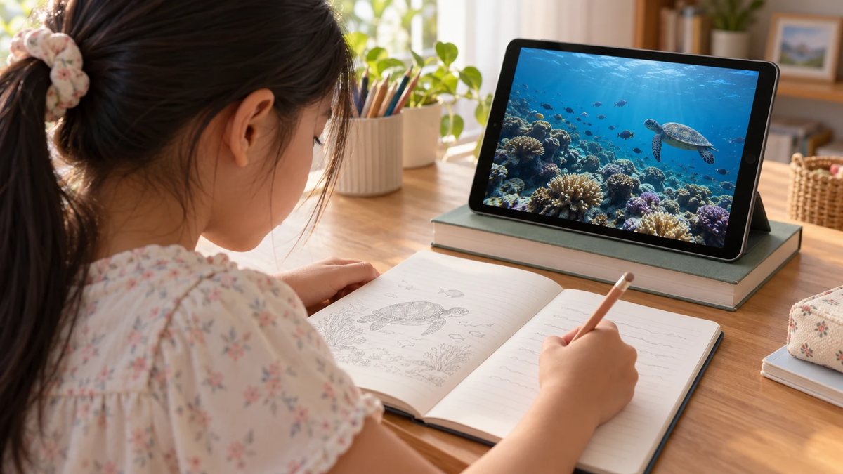 A girl drawing a sea turtle in her notebook after the film