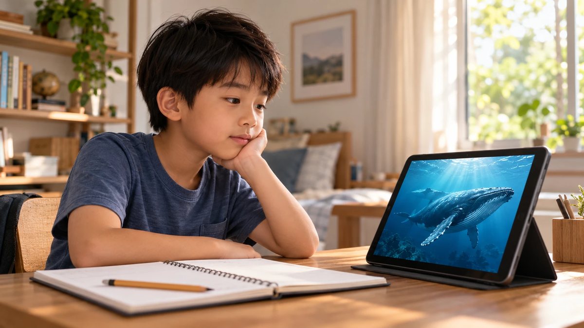 A boy resting his chin on his hand, thinking about a whale on a tablet