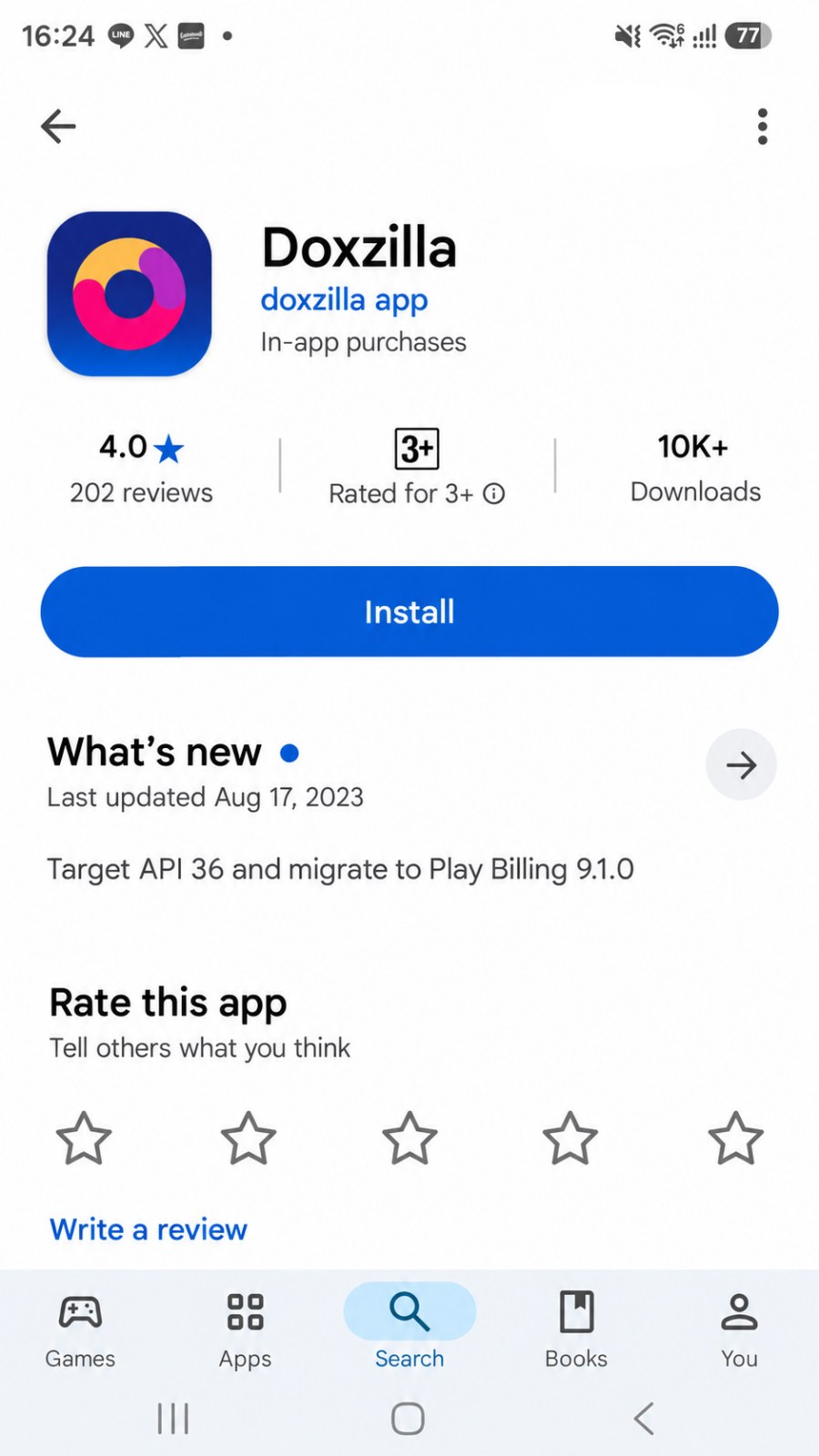 หน้า Doxzilla ใน Google Play ชี้ปุ่ม Install