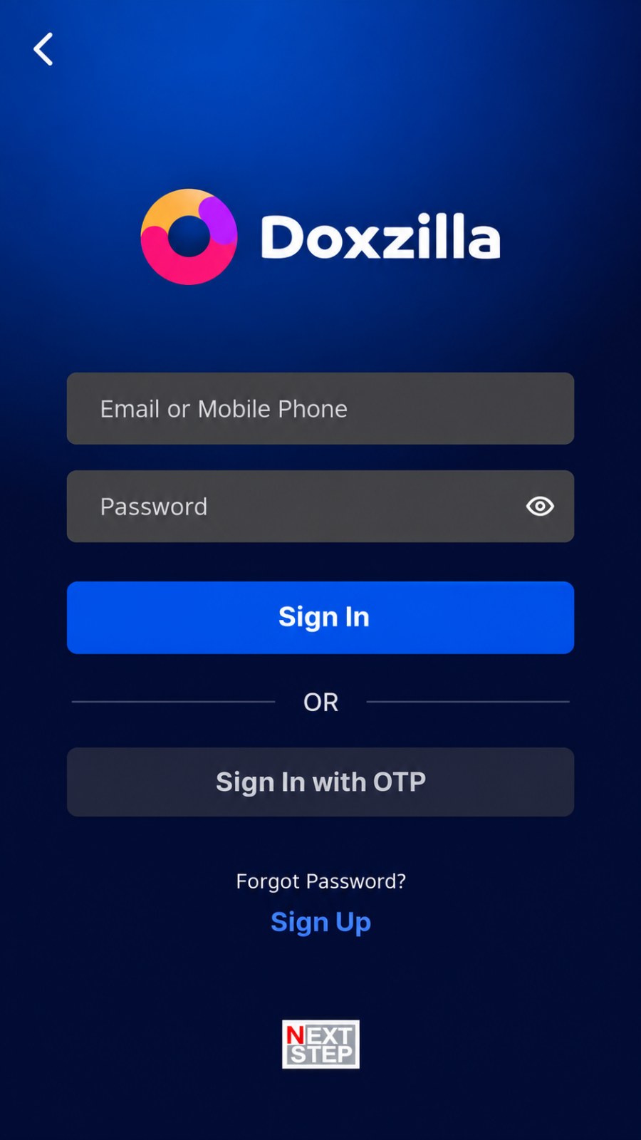 หน้าเข้าสู่ระบบของแอป Doxzilla บน Android