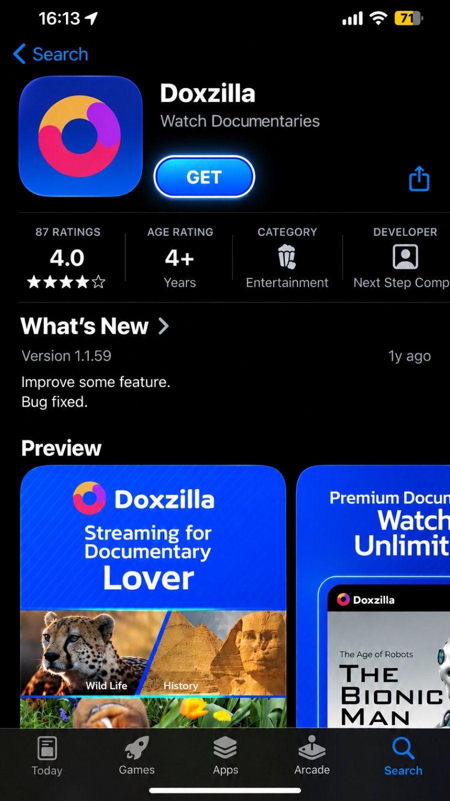 หน้า Doxzilla ใน App Store ชี้ปุ่ม Get