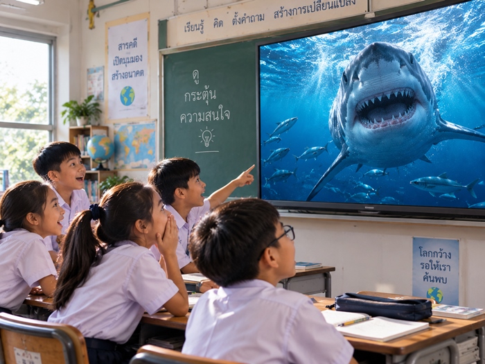 เด็กนั่งดูสารคดีอย่างตั้งใจ